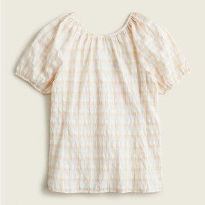 J. Crew Cream Plaid V Back Puff Short Sleeve Top